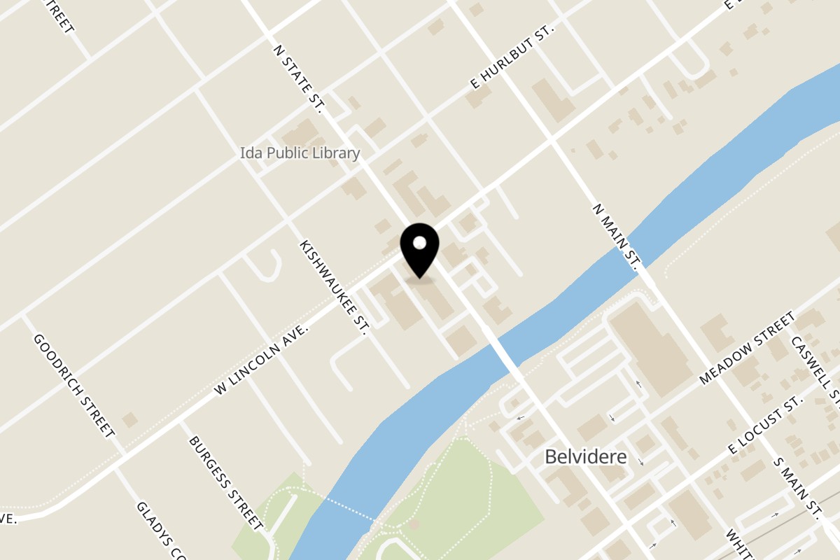 Map showing the location of Olivo Taco Belvidere on 132 N State St in Belvidere
