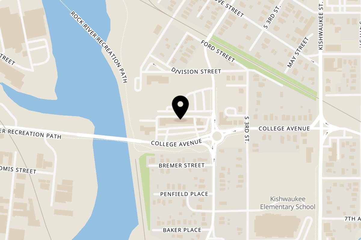 Map showing the location of Olivo Taco Rockford on 330 College Ave in Rockford